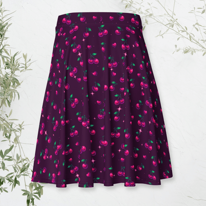Cherry Pop Skater Skirt | Y2K Sparkle Cherry Print on Deep Plum