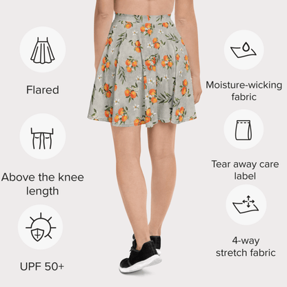 Woman wearing a floral skirt with product features highlighted on a white background