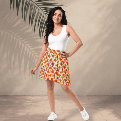 Citrus Pop Geo Skater Skirt | Bold Retro Orange & Magenta Print with Funky '70s Vibes - Skater Skirt