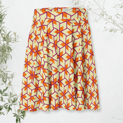 Citrus Pop Geo Skater Skirt | Bold Retro Orange & Magenta Print with Funky '70s Vibes - Skater Skirt