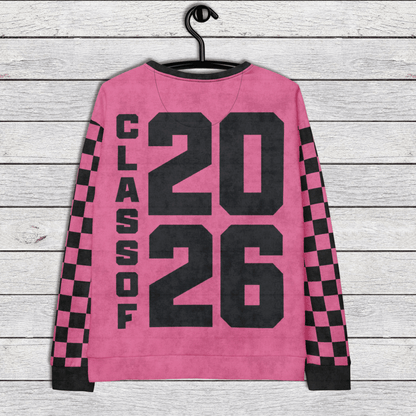 Pink sweatshirt with 'Class of 2026' text on a wooden background