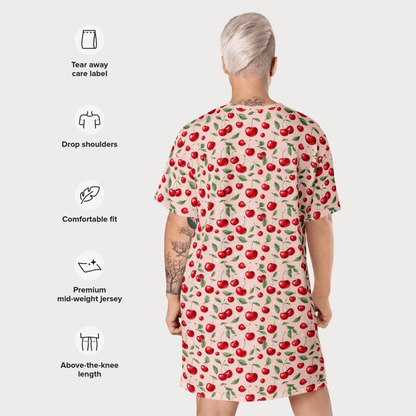 Coquette Cherry Print T-Shirt Dress – Blush Pink Oversized Retro Fruit Dress