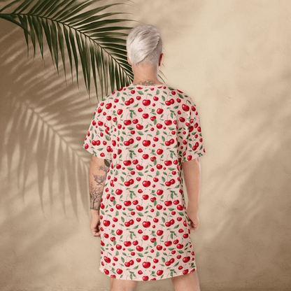 Coquette Cherry Print T-Shirt Dress – Blush Pink Oversized Retro Fruit Dress