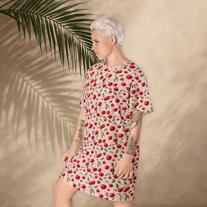 Coquette Cherry Print T-Shirt Dress – Blush Pink Oversized Retro Fruit Dress