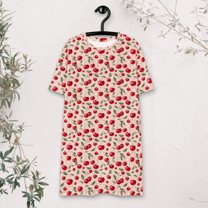 Coquette Cherry Print T-Shirt Dress – Blush Pink Oversized Retro Fruit Dress