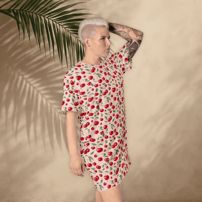Coquette Cherry Print T-Shirt Dress – Blush Pink Oversized Retro Fruit Dress