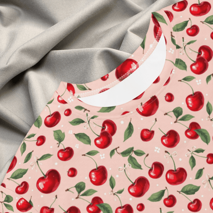 Coquette Cherry Print T-Shirt Dress – Blush Pink Oversized Retro Fruit Dress