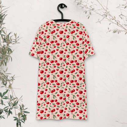 Coquette Cherry Print T-Shirt Dress – Blush Pink Oversized Retro Fruit Dress
