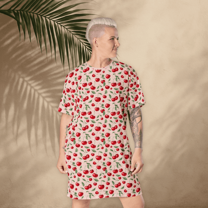 Coquette Cherry Print T-Shirt Dress – Blush Pink Oversized Retro Fruit Dress