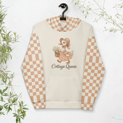 Cottage Queen Goose Hoodie – Peach Checkerboard Recycled Hoodie with Floral Bonnet Goose