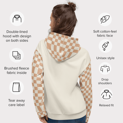 Cottage Queen Goose Hoodie – Peach Checkerboard Recycled Hoodie with Floral Bonnet Goose
