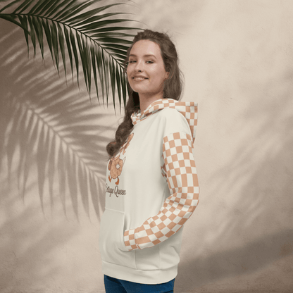 Cottage Queen Goose Hoodie – Peach Checkerboard Recycled Hoodie with Floral Bonnet Goose
