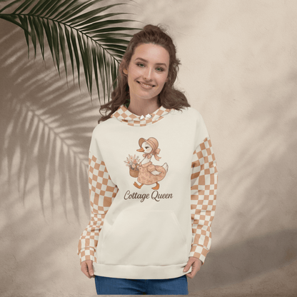 Cottage Queen Goose Hoodie – Peach Checkerboard Recycled Hoodie with Floral Bonnet Goose