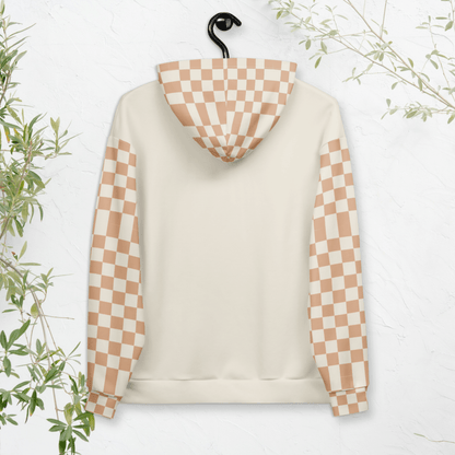 Cottage Queen Goose Hoodie – Peach Checkerboard Recycled Hoodie with Floral Bonnet Goose