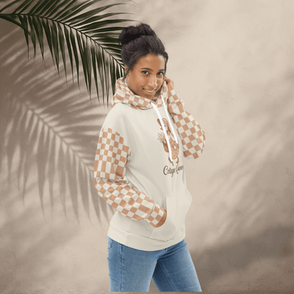 Cottage Queen Goose Hoodie – Peach Checkerboard Recycled Hoodie with Floral Bonnet Goose