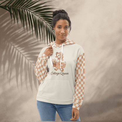 Cottage Queen Goose Hoodie – Peach Checkerboard Recycled Hoodie with Floral Bonnet Goose