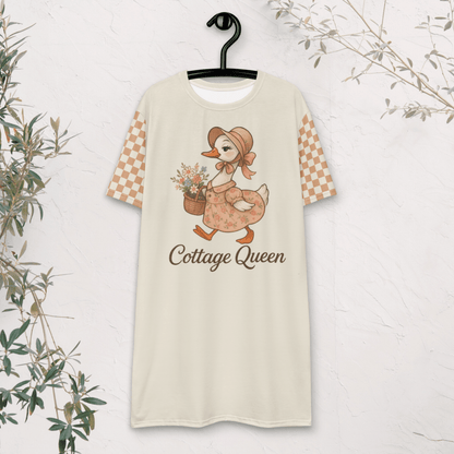 Cottage Queen T-Shirt Dress – Vintage Goose Graphic in Soft Neutrals (2XS–6XL)