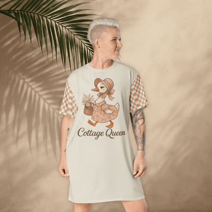 Cottage Queen T-Shirt Dress – Vintage Goose Graphic in Soft Neutrals (2XS–6XL)
