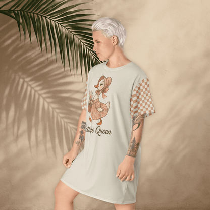 Cottage Queen T-Shirt Dress – Vintage Goose Graphic in Soft Neutrals (2XS–6XL)