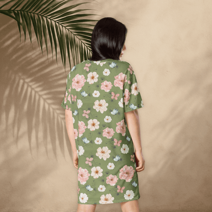 Cottagecore Floral T-Shirt Dress – Oversized Boho Butterfly Dress in Sage Green