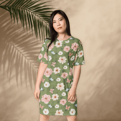 Cottagecore Floral T-Shirt Dress – Oversized Boho Butterfly Dress in Sage Green
