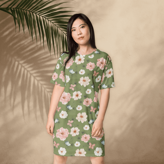 Cottagecore Floral T-Shirt Dress – Oversized Boho Butterfly Dress in Sage Green