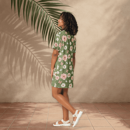 Cottagecore Floral T-Shirt Dress – Oversized Boho Butterfly Dress in Sage Green