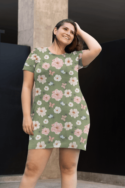 Cottagecore Floral T-Shirt Dress – Oversized Boho Butterfly Dress in Sage Green - T-Shirt Dress