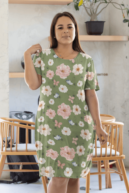 Cottagecore Floral T-Shirt Dress – Oversized Boho Butterfly Dress in Sage Green - T-Shirt Dress