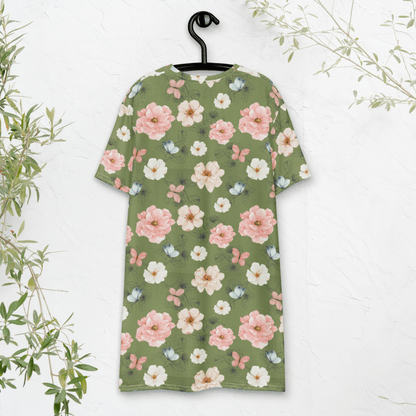 Cottagecore Floral T-Shirt Dress – Oversized Boho Butterfly Dress in Sage Green - T-Shirt Dress