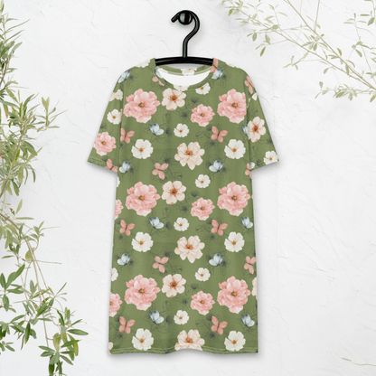 Cottagecore Floral T-Shirt Dress – Oversized Boho Butterfly Dress in Sage Green - T-Shirt Dress