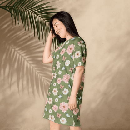 Cottagecore Floral T-Shirt Dress – Oversized Boho Butterfly Dress in Sage Green