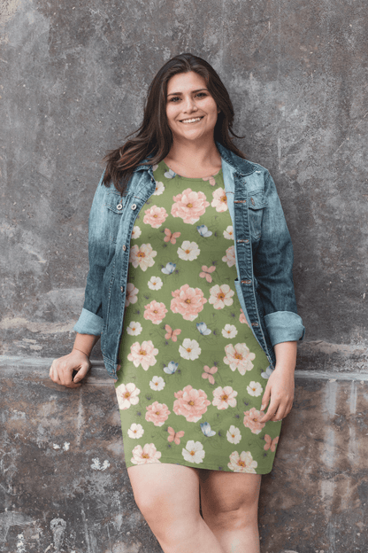 Cottagecore Floral T-Shirt Dress – Oversized Boho Butterfly Dress in Sage Green - T-Shirt Dress