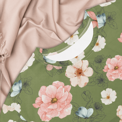 Cottagecore Floral T-Shirt Dress – Oversized Boho Butterfly Dress in Sage Green - T-Shirt Dress