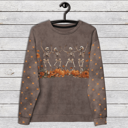 Crewneck Sweatshirt Brown Pumpkin Sleeves 2XS–6XL | Dancing Skeletons Halloween Graphic | Fall Pumpkin Patch Aesthetic
