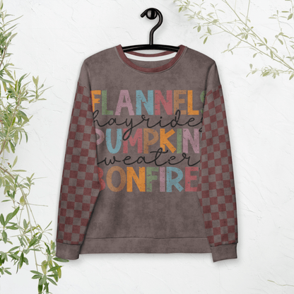Espresso and burgundy Sweatshirt with colorful text and checkered pattern on a hanger against a white background