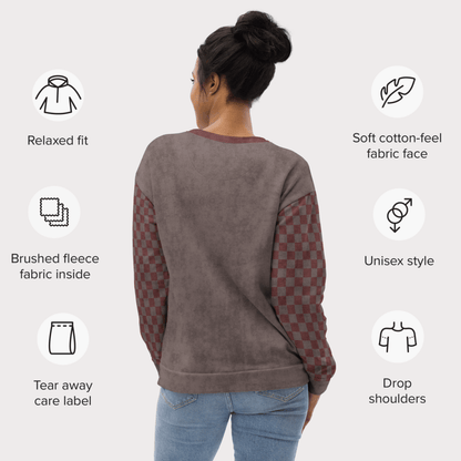 Crewneck Sweatshirt Espresso Burgundy Checkered Sleeves 2XS–6XL | Cozy Fall Aesthetic | “Flannels Hayrides Pumpkins” Graphic