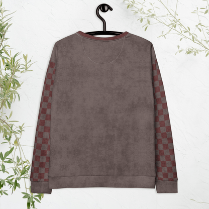 espresso and burgundy sweatshirt with checkered sleeves on a hanger against a white background