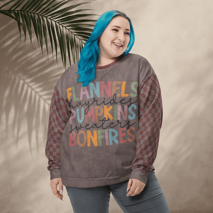 Crewneck Sweatshirt Espresso Burgundy Checkered Sleeves 2XS–6XL | Cozy Fall Aesthetic | “Flannels Hayrides Pumpkins” Graphic