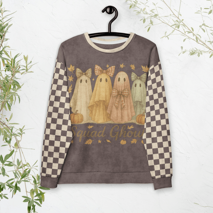 Espresso Squad Ghouls Sweatshirt with ghost design and checkered sleeves on a hanger against a white background