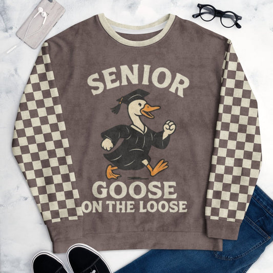 Sweatshirt with 'Senior Goose on the Loose' design on a marble surface