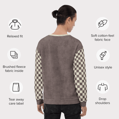 Person wearing a brown sweatshirt with checkered sleeves, surrounded by icons and text describing features.