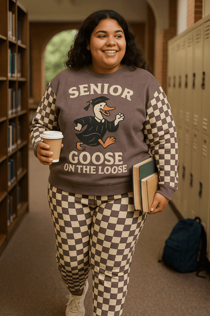 Person wearing a 'Senior Goose on the Loose' sweater in a school hallway.