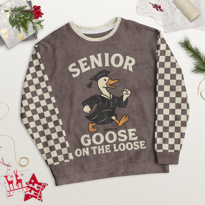 Sweatshirt with 'Senior Goose on the Loose' design on a white background