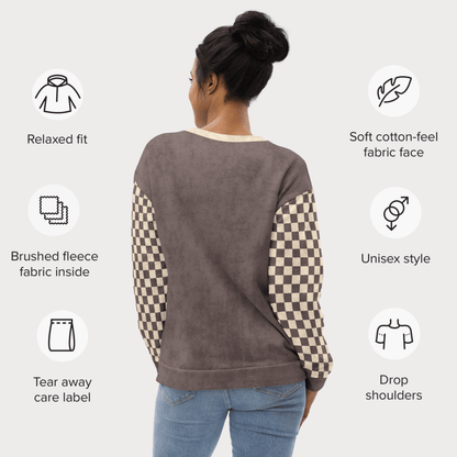 Crewneck Sweatshirt Espresso Checkered Sleeves 2XS–6XL | Pastel Goth Garden Vibes | “Cute Skeleton in Bloom”