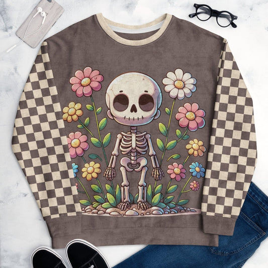 Sweatshirt with a skeleton and floral design with checkered sleeves on a marble background