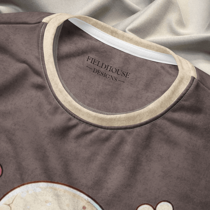 Close-up of a brown garment with 'Fieldhouse Designs' logo on a gay fabric background
