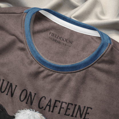 Crewneck Sweatshirt Espresso & Denim Checkered Sleeves 2XS–6XL | Farmhouse Coffee Lover | “I Run on Caffeine, Cows & Cuss Words” Graphic