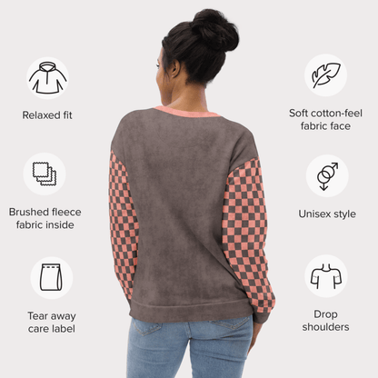 Crewneck Sweatshirt Espresso & Pink Checkered Sleeves 2XS–6XL | Sassy Cat Attitude | “I Do What I Want” Graphic
