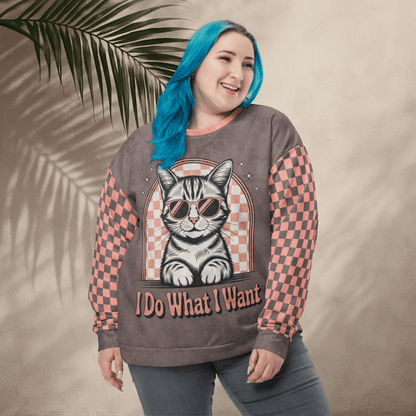 Crewneck Sweatshirt Espresso & Pink Checkered Sleeves 2XS–6XL | Sassy Cat Attitude | “I Do What I Want” Graphic